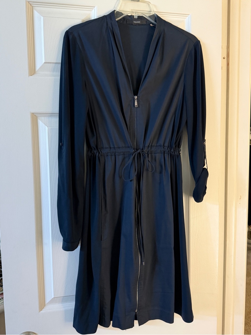 Tahari Navy Full Zip Drawstring Utility Shirt Dress 8